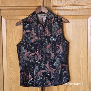 Chicos Silk Blend Asian Landscape Print Vest Black Red Size 0‎ Small Sleeveless